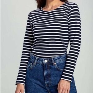 Armor Lux Breton Shirt Size Small Blue White Stripe Long Sleeve Nautical Cotton